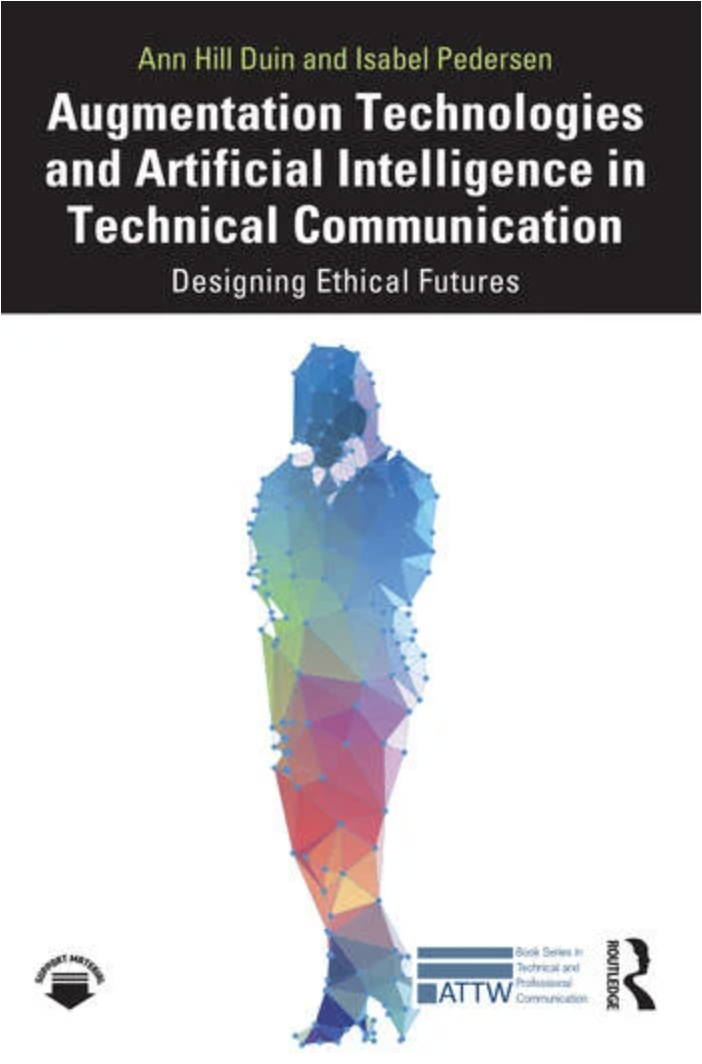 Cover image of Augmentation Technologies and Artificial Intelligence in Technical Communication showing the book title and author names at the top and a watercolor abstract image of a person.