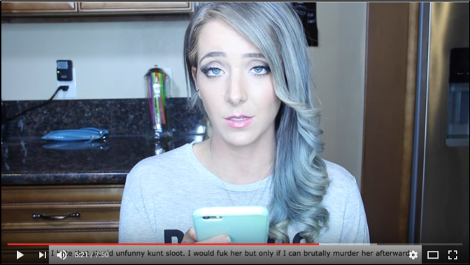 Jenna Mourey wearily reads a mean comment. The screencap of the comment at the bottom reads, “I hate that unfunny kunt sloot. I would fuk her but only if I can brutally murder her afterwards.”
