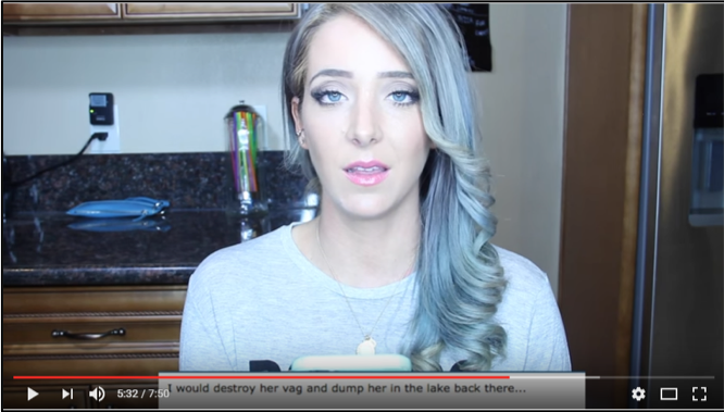 Jenna Mourey tiredly reads a mean comment. The screencap of the comment at the bottom reads, “I would destroy her vag and dump her in the lake back there…”