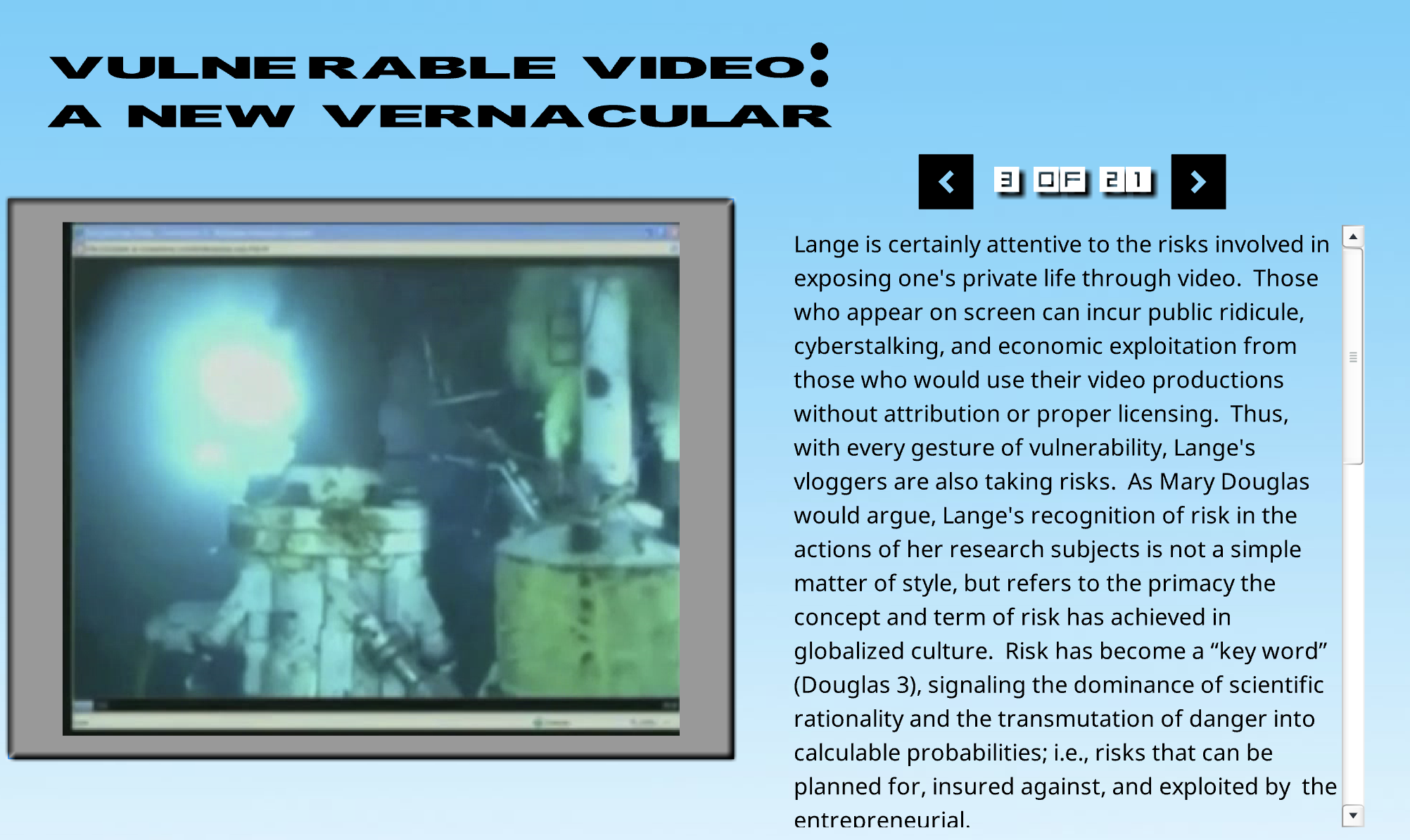Screenshot of a webpage titled “Vulnerable Video: A New Vernacular” with an embedded video and text about risks of sharing personal content online.
