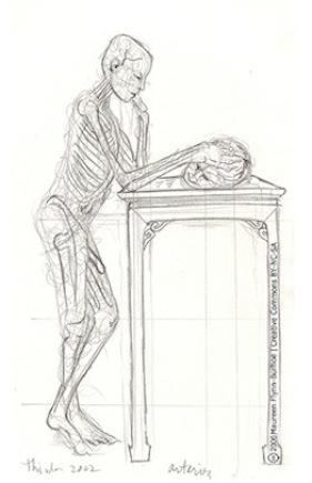 drawing of a skeletion figure standing at a desk contemplating a head