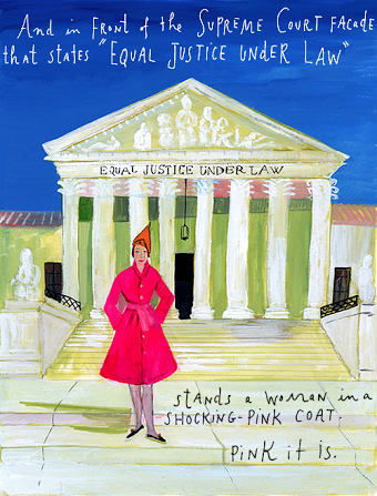Painting of a woman in a pink coat posing in front of the Supreme Court with handwritten words.
