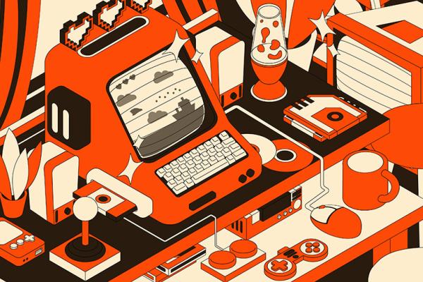 Stylized illustration of a retro computer workstation in orange, black, and cream, featuring a chunky CRT monitor with a keyboard, floppy disks, joystick, game controller, mouse, coffee mug, books, and a lava lamp arranged on a desk in a playful, mid-century-inspired style.