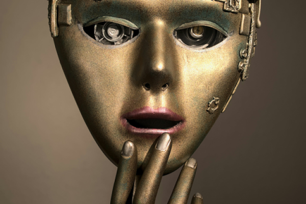 Image of metallic gold face with technological components arranged like a crown, hand thoughtfully positioned near chin.