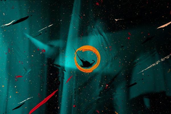 Abstract artwork with teal background, paint splatters, and an orange circular brushstroke at the center.