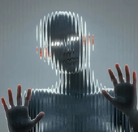 Abstract image of a human figure behind rippled glass, hands pressed forward, face distorted by vertical waves of light.