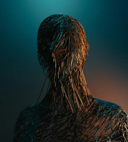 A 3D-rendered human figure seen from behind, composed of hundreds of thin metallic shards or pins, lit in teal and warm amber tones against a dark gradient background.