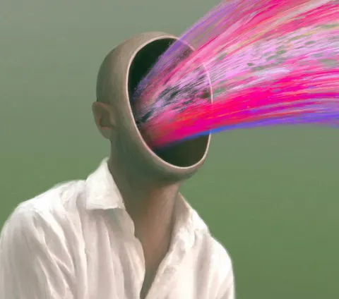 A surreal digital painting of a figure in a white shirt whose face is replaced by a hollow, open cavity emitting a stream of vivid pink and magenta light against a muted green background.