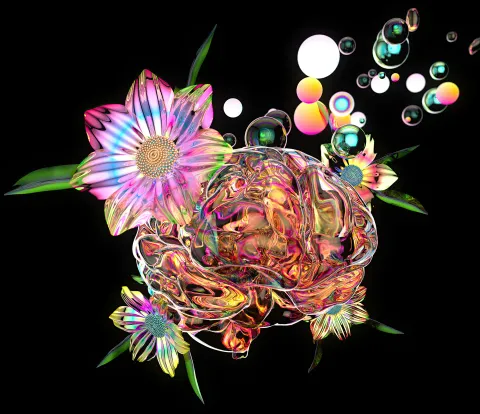 A glossy, iridescent brain-like form surrounded by colorful translucent flowers and floating bubbles against a black background.