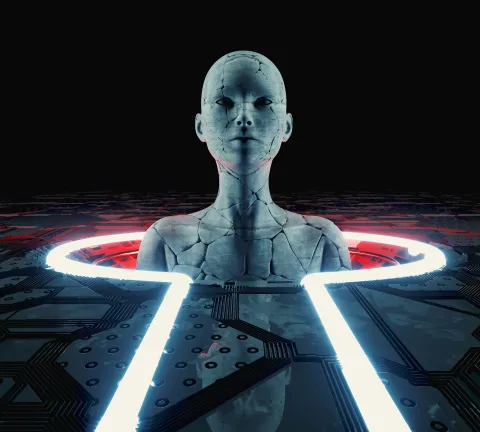 A humanoid android figure with cracked, pale skin emerging from a glowing circular ring on a dark circuit board surface, lit in cool blue and red tones.