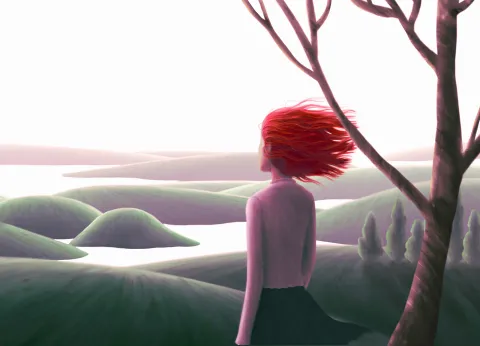 Digital illustration of a figure with windswept red hair gazing out over a serene, rolling green landscape with a bare tree beside them under a hazy sky.