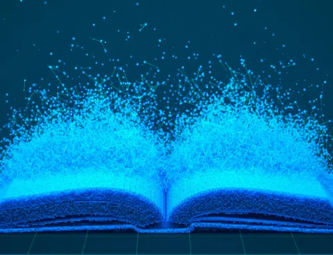 Open book with glowing blue digital particles rising from its pages.