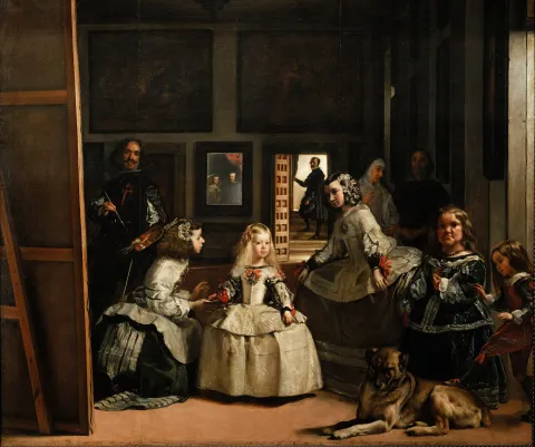 Classical painting of a young girl surrounded by attendants, an artist, and a dog in a studio setting.