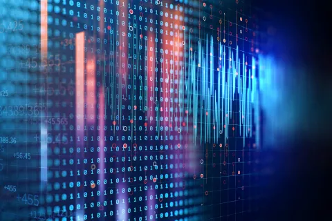 Abstract digital background with binary code, sound wave, and glowing data charts.