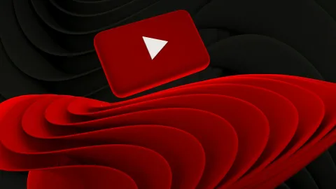 Red play button icon floating above abstract red waves on a dark background.