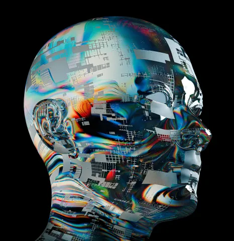 A glossy, translucent human head in profile rendered with fragmented digital textures, circuit-like patterns, and chromatic distortions against a black background.