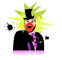 **Alt text:** Illustrated clown-like figure wearing a black top hat and jacket with a purple shirt and tie, red nose and open mouth, set against a jagged yellow starburst with black ink splatters on a white background.