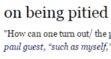 Words "on being pitied" with text beneath that looks like a dictionary definition.