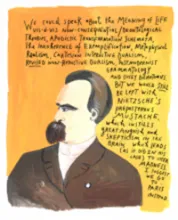 Painting of Nietzsche surrounded by handwritten words commenting on the Meaning of Life