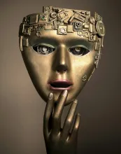 Image of metallic gold face with technological components arranged like a crown, hand thoughtfully positioned near chin.