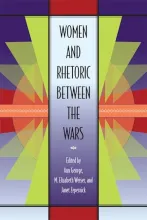 Geometric book cover for “Women and Rhetoric Between the Wars” with bold colors.