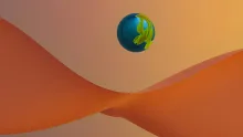 A blue-green globe wrapped with green leaves floats above smooth, intersecting orange wave forms against a warm gradient background.