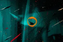 Abstract artwork with teal background, paint splatters, and an orange circular brushstroke at the center.