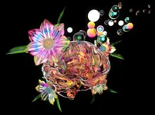A glossy, iridescent brain-like form surrounded by colorful translucent flowers and floating bubbles against a black background
