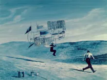 Blue-toned collage showing a figure running across a barren landscape toward a floating, sketch-like mechanical structure, with a second smaller figure suspended near it.