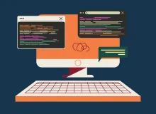 Illustration of a computer keyboard and screen with popouts showing computer code