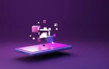 illustration of a smartphone floating against a purple background with cubes floating above it