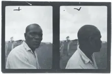 A vintage black-and-white contact sheet showing two photographs of a man in a white shirt—a frontal portrait on the left and a profile view on the right—taken outdoors with buildings visible in the background.
