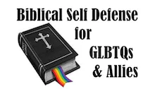 An image of a bible with a rainbow ribbon bookmark coming out of it and the text “Biblical Self Defense for GLBTQs & Allies.”