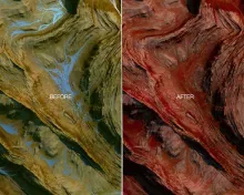 Side-by-side aerial or satellite images labeled "Before" and "After," showing rugged terrain shifting from green-brown tones with blue waterways to deep red and maroon hues.