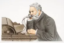 Alexander Graham Bell using an early telephone, color illustration 