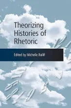 Book cover of Theorizing Histories of Rhetoric, edited by Michelle Ballif, featuring a sky background with clouds and floating typographic elements, with the title centered in black text and editor credit below.
