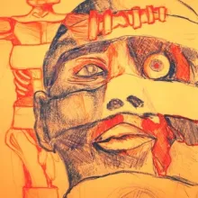 Detailed anatomical drawing of a human head and upper body showing exposed brain, bone, and layers of skin, created from observation at the Body Worlds exhibit; the illustration emphasizes internal structures and textures, blending scientific study with artistic interpretation.